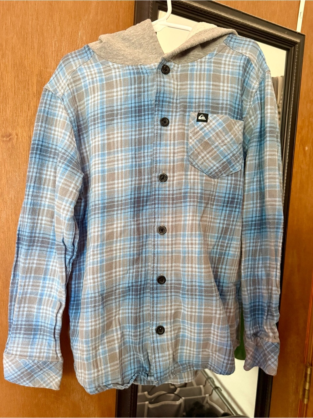 Quiksilver Blue & Gray Plaid Hooded Button-Up Shirt